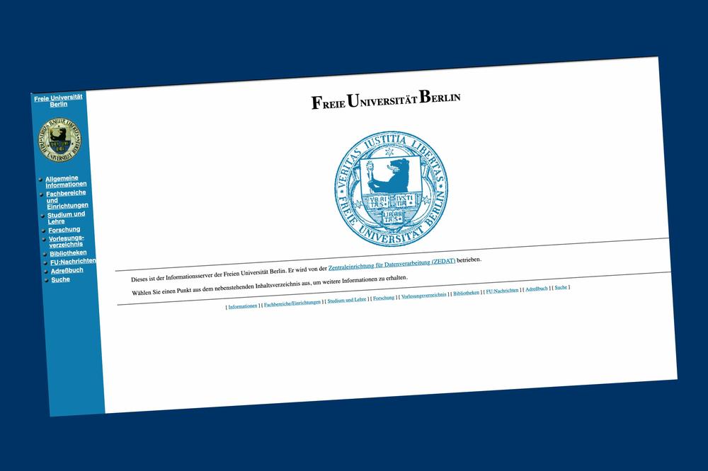So sah die Homepage der Freien Universität Berlin am 19. Juni 1997 aus. Die Momentaufnahme stammt aus dem Internet-Archiv „Wayback Machine“, dort sind sogar die Unterseiten klickbar. Frühere Aufzeichnungen gibt es leider nicht mehr.
