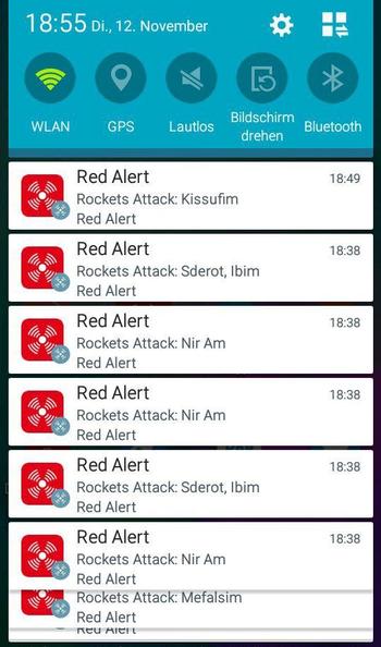 Eine App zeigt an, wenn es in Israel Raketen-Alarm gibt. Im November schoss der Islamische Dschihad aus Gaza mehr als 400 Raketen auf Israel. Das Handy stand nicht still, wie dieser Screenshot zeigt.