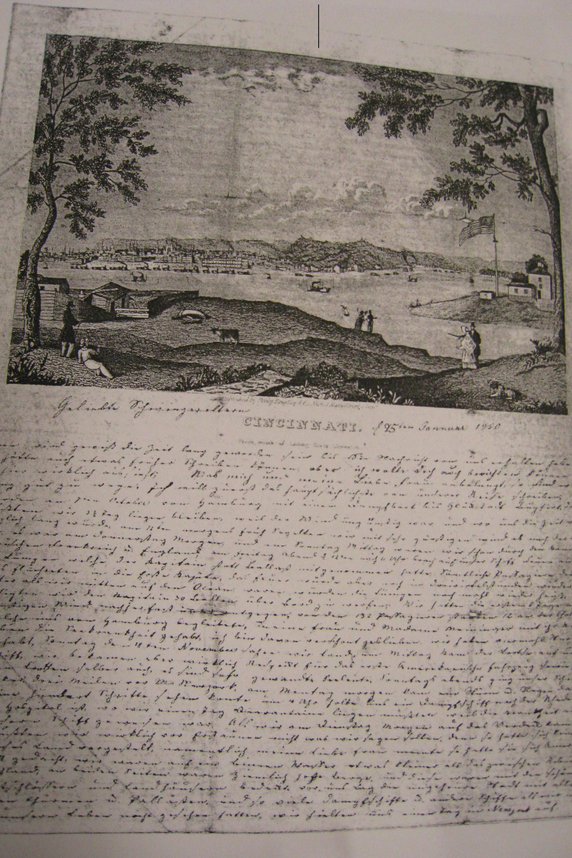 Brief von Friedrich Ehlers an seine Schwiegereltern in Ribnitz, Mecklenburg-Schwerin; datiert ist er auf den 25.01.1850. Friedrich Ehlers wanderte 1849 mit seiner Frau Caroline nach Cincinnati, Ohio aus. Er war der Schwager von Henriette Burmeister.