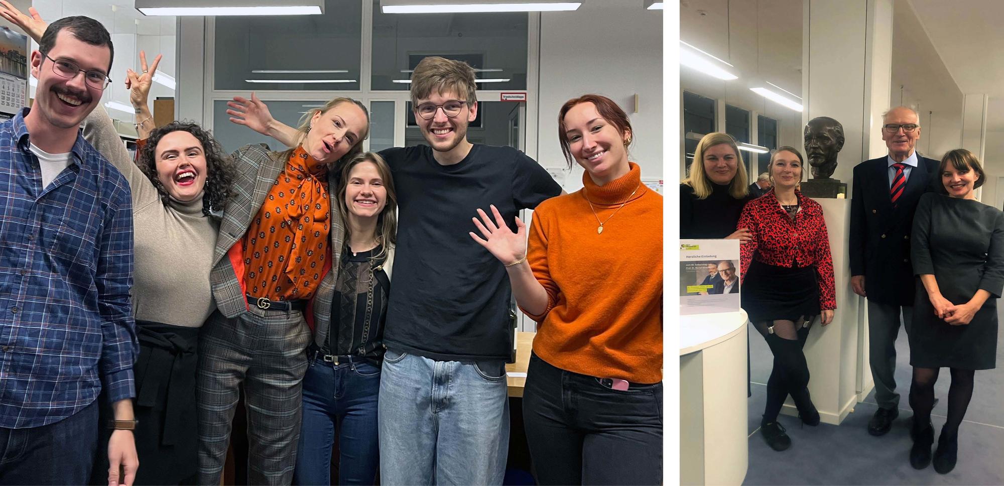 Links: Die studentischen Hilfskräfte Diana, Katharina, Emily, Wanja und Friederike sowie Patrick, ein Freiwilliger. Rechts: Die Bibliothekarinnen des FMIs Sweta Meschkapowitz, Yana Vasileva und Ulrike Tarnow haben die „Sösesause“ organisiert.