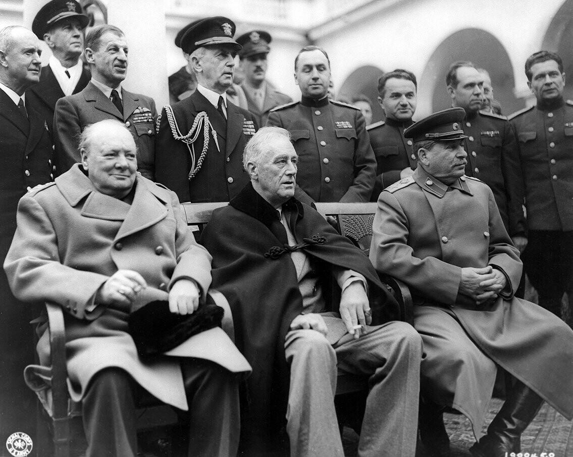 The “Big Three” at the Yalta Conference, February 1945: Prime Minister Winston Churchill, President Franklin D. Roosevelt, and Marshal Joseph Stalin.