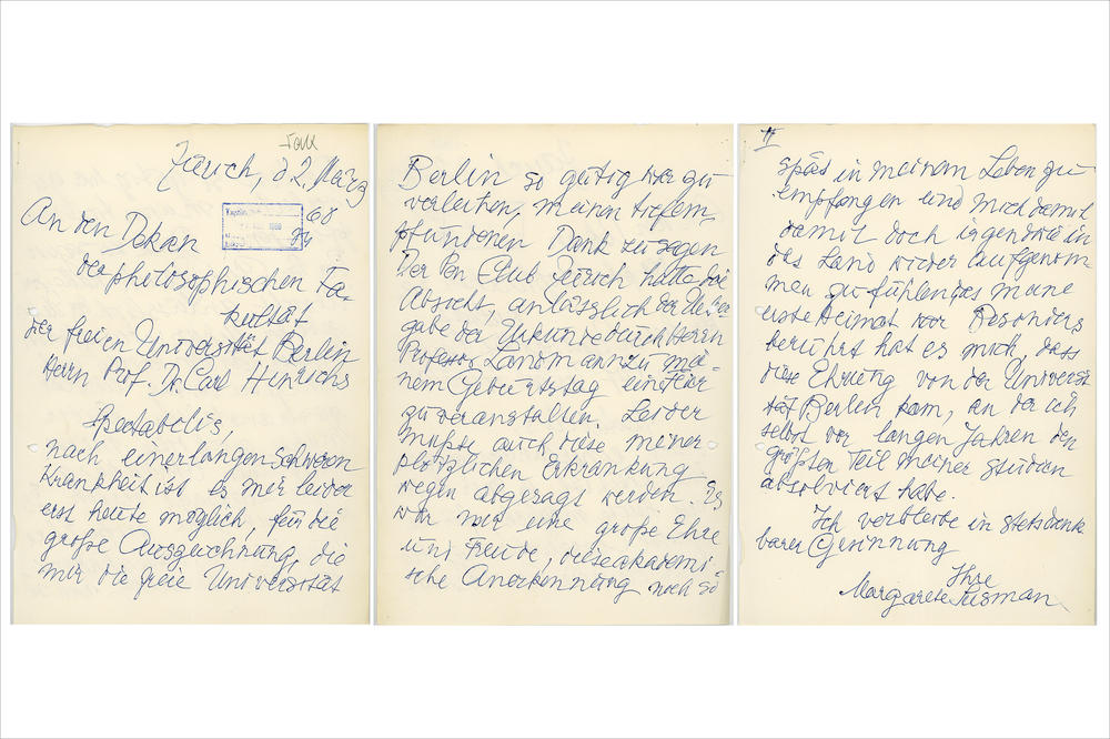 Margarete Susman’s thank-you letter from March 2, 1960, to the dean of the philosophy department. Due to a long period of illness, Susman’s reply was delayed more than half a year.