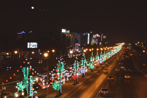 The street lights in red, green, and white were installed especially for the National Day.