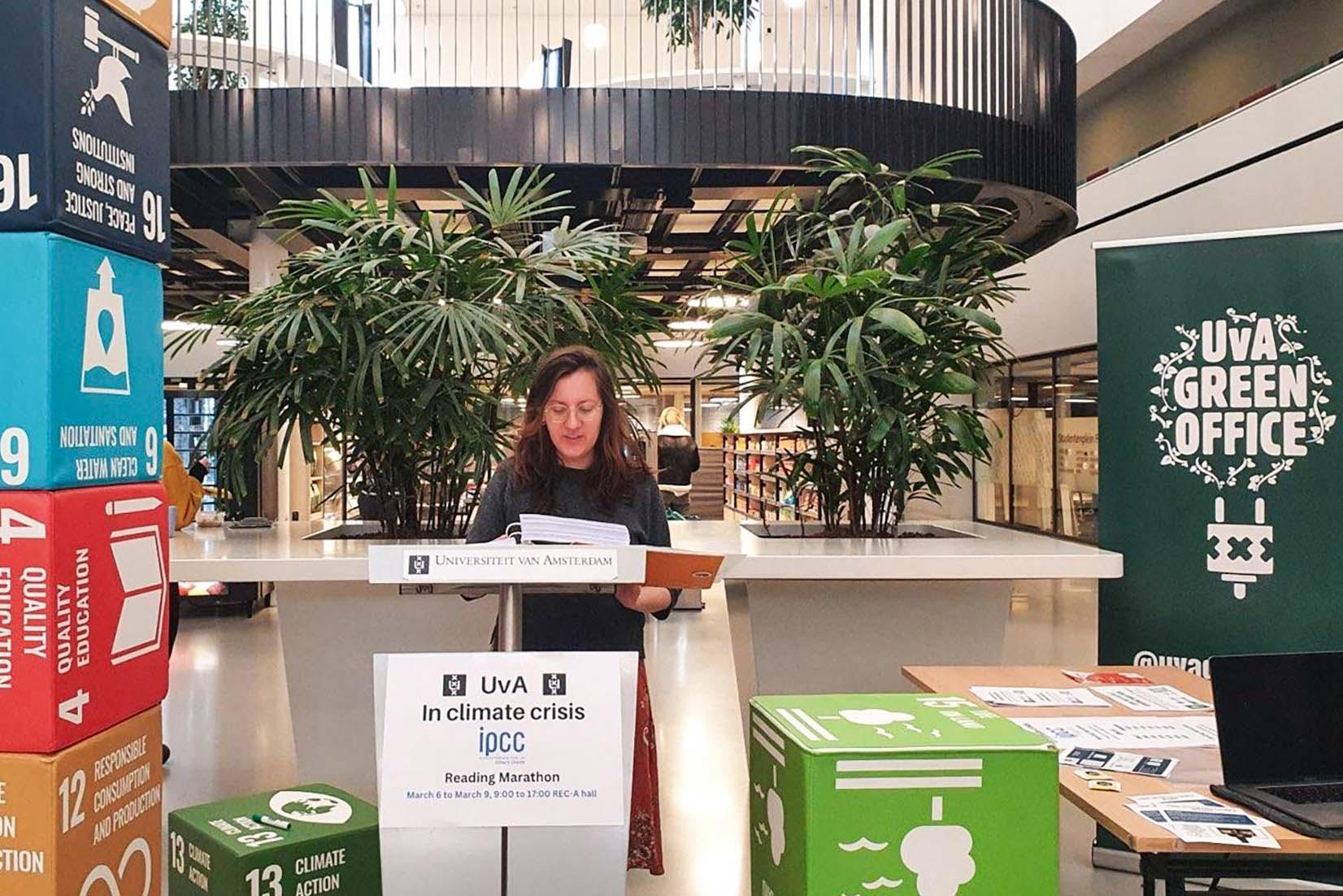 Reading marathon at the University of Amsterdam (UvA) in 2024, where the IPCC’s report was read aloud over several days.