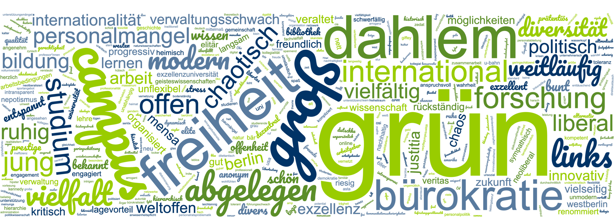 Figure 7: Word cloud for “When you think of Freie Universität, what three terms spring to mind?” (Freie Universität survey)
