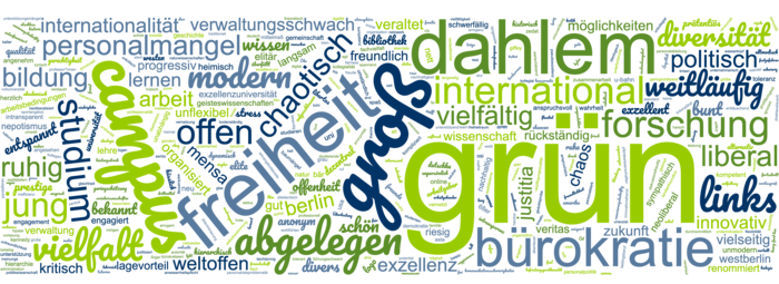 Figure 7: Word cloud for “When you think of Freie Universität, what three terms spring to mind?” (Freie Universität survey)