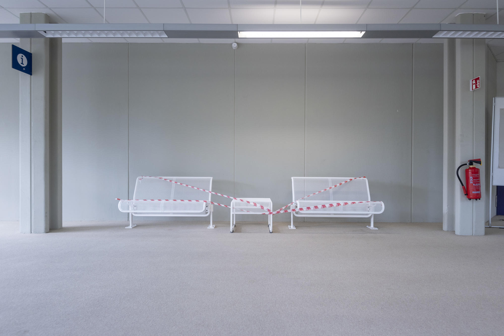 Blocked-off benches in the Rostlaube building