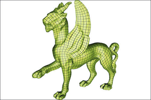 Das Vierecksnetz auf dem Feline-Modell wird mit dem sogenannten Quad-Cover-Algorithmus erzeugt, der Techniken aus der Differentialgeometrie verwendet.