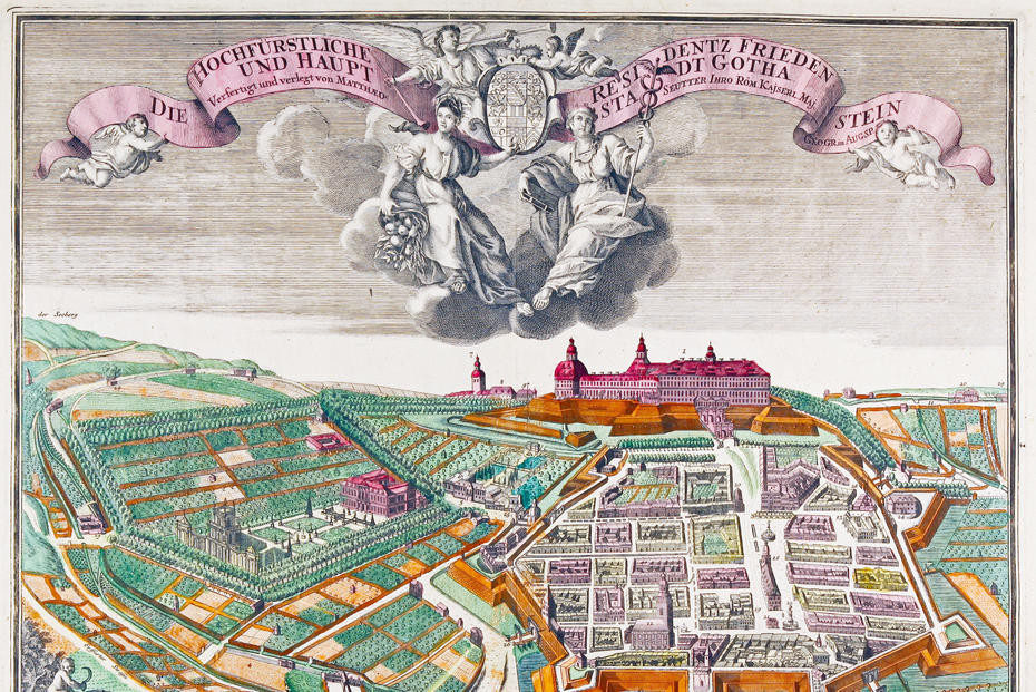 So sah die „Die Hochfürstliche Residentz Frieden Stein und Haupt Stadt Gotha“ etwa Mitte des 18. Jahrhunderts aus, wie dieser kolorierte Kupferstich des Augsburger Kartografen Matthäus Seutter zeigt.