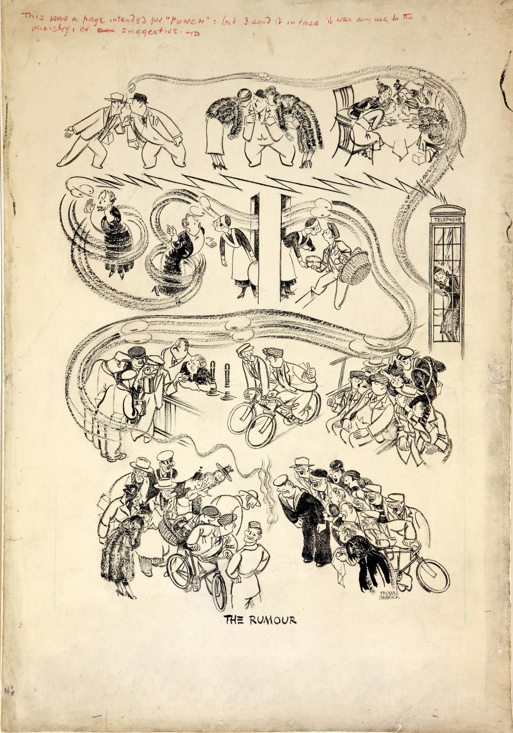 Die Wahrheit lässt das Gerücht verpuffen: Den Weg des Gerüchts hat der britische Künstler Thomas Derrick (1885-1954) in seiner Illustration „The Rumour“ skizziert.