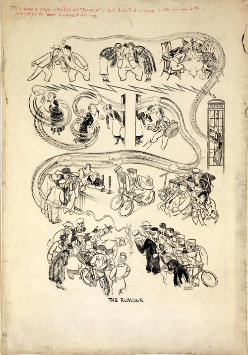 Die Wahrheit lässt das Gerücht verpuffen: Den Weg des Gerüchts hat der britische Künstler Thomas Derrick (1885-1954) in seiner Illustration „The Rumour“ skizziert.