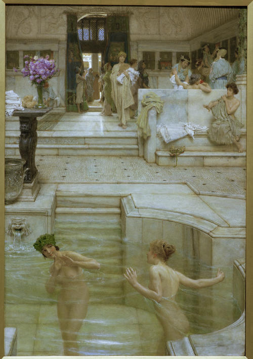 So stellte sich der Maler Sir Lawrence Alma- Tadema 1909 einen Besuch in den Stabianer Thermen in Pompeji vor. Für seine Bilder nutzte er Fotografien von Ausgrabungen der durch einen Ausbruch des Vesuvs verschütteten Stadt.