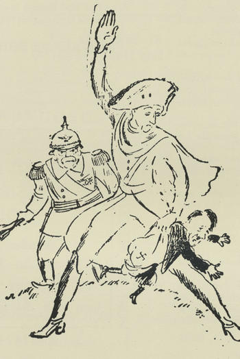 Sowjetisches Flugblatt aus dem Winter 1941/42: Bismarck, davor Friedrich der Große mit Hitler.