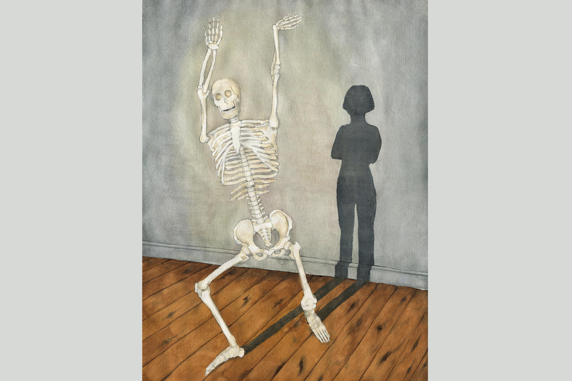 „Die Anstandsdame - Chaperone“ nennt die kanadische Künstlerin Stef Lenk ihr Bild, bei dem der Schatten kritisch auf das tanzende Skelett schaut. Die Künstlerin zeichnet sowohl Comics wie auch medizinische Illustrationen.