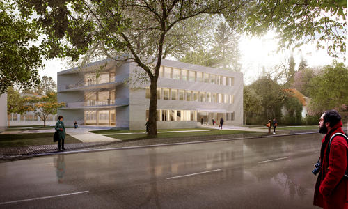 Ein Ort zum Wohlfühlen: Die Simulation zeigt, dass sich der Neubau harmonisch in den Campus eingefügt.