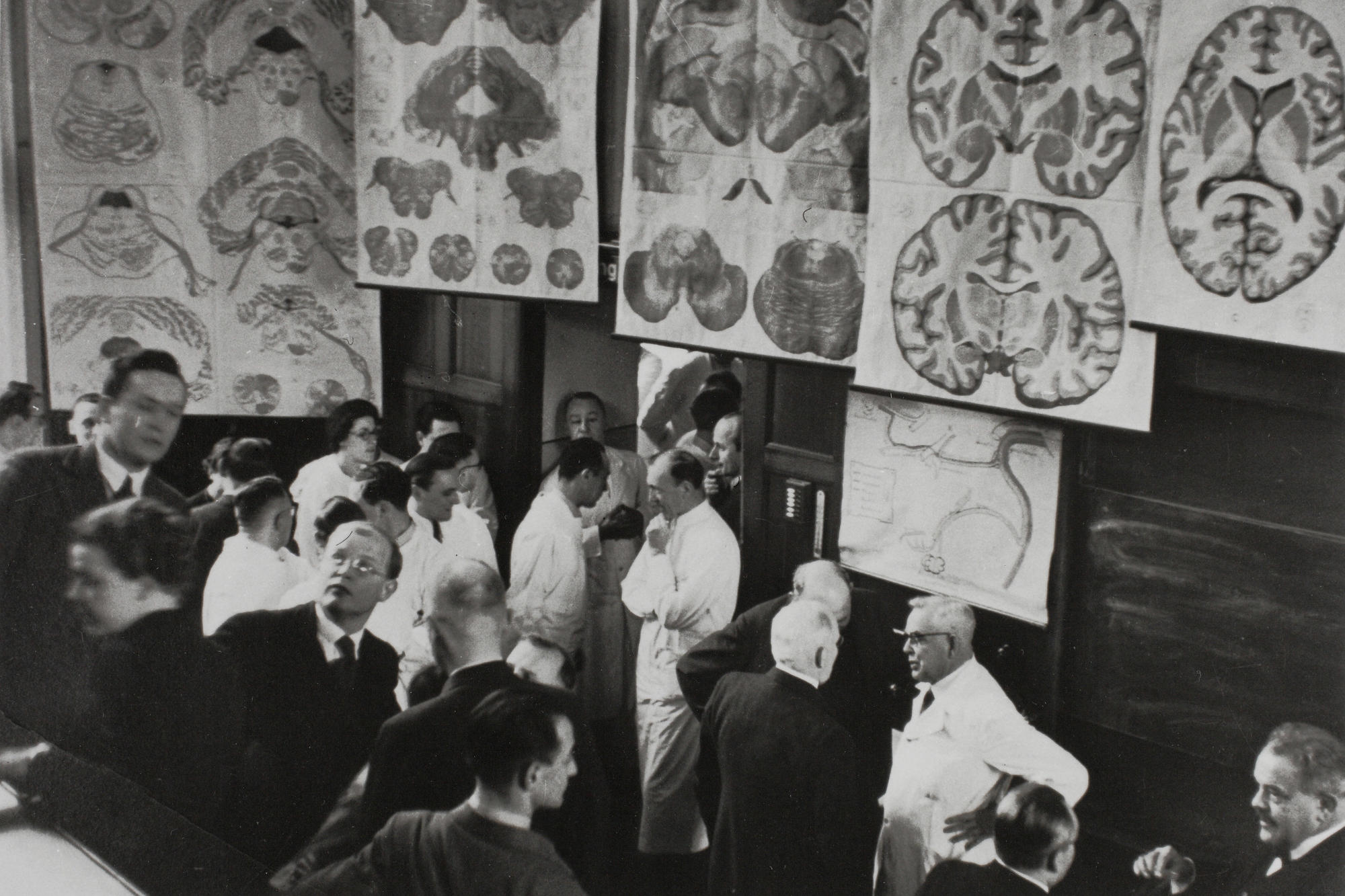 Der Leiter der damaligen Psychiatrischen- und Nervenklinik Karl Bonhoeffer (re. im weißen Kittel) bei seiner Abschiedsvorlesung 1938 im Gespräch mit dem Chirurgen F. Sauerbruch (re. von ihm) und dem Gynäkologen W. Stoeckel (li. von ihm).