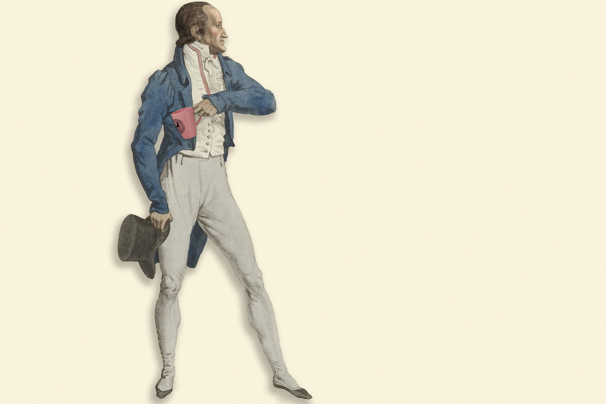 Knigge auf Campus-Tour: Ein lebensgroßer Papp-Knigge mit Tasse der Freien Universität animiert dazu, sich an der Debatte zum Umgang miteinander zu beteiligen.