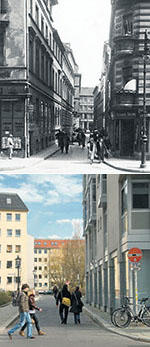 An die Schendelgasse des Jahres 1935 (oben) erinnern heute noch der Name und der Straßenverlauf. Fotos: Bundesarchiv (o), Bernd Wannemacher (u)