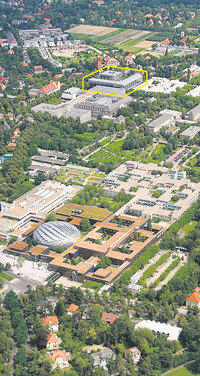 Das Tagungshotel (gelber Rand) liegt in unmittelbarer Nähe zu natur- und geisteswissenschaftlichen Instituten sowie der Philologischen Bibliothek.