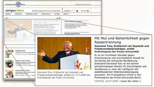 Immer aktuell: Auch als Friedensnobelpreisträger Desmond Tutu den Freiheitspreis der Freien Universität erhielt, berichtete campus.leben darüber.