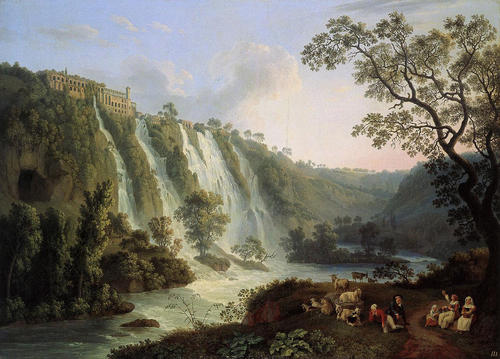 Von hier aus floss zu Zeiten des Kaiser Augustus´das Geld für die Kunst: Die Villa des römischen Förderers Gaius Maecenas und die Wasserfälle in Tivoli auf einem Gemälde von Jakob Philipp Hackert, 1783.