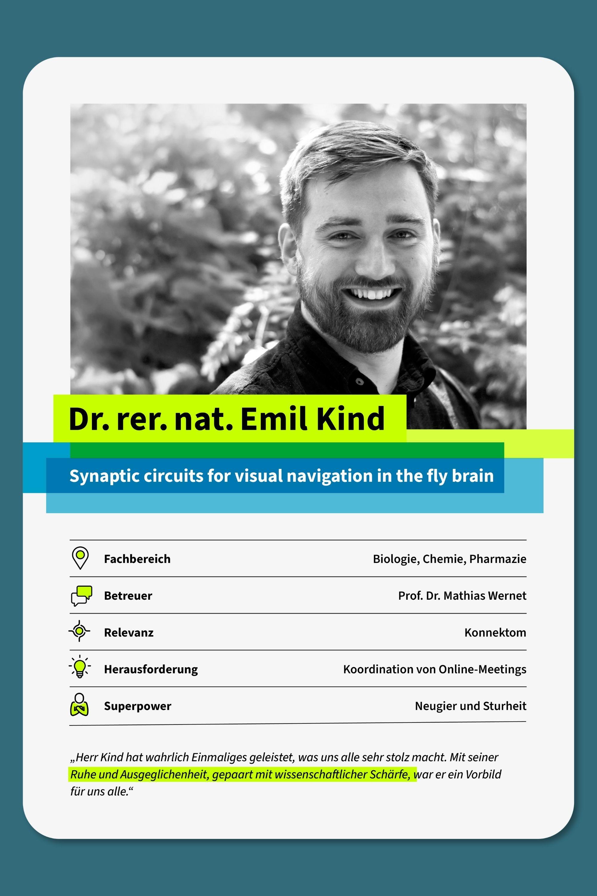 Emil Kind wählte die Kategorien Relevanz, Herausforderung und Superpower zur stichwortartigen Illustration seiner Dissertation. Unten auf der Karte finden Sie ein Zitat seines Betreuers Prof. Dr. Mathias Wernet.