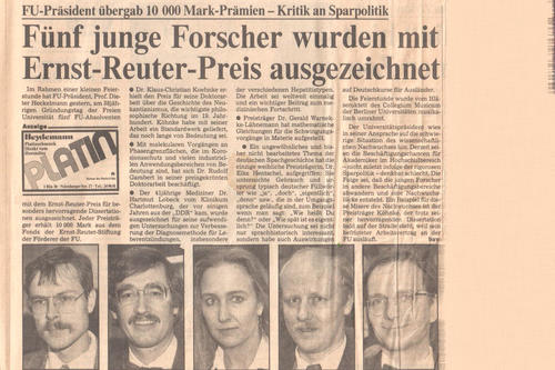Am 5. Dezember 1986 berichtete die „Berliner Morgenpost“ über den Ernst-Reuter-Preis. Die Geehrten waren (v.l.n.r.): Gerald Warnecke (Mathematik), Rudolf Gambert (Chemie), Elke Hentschel (Germanistik), Klaus-Christian K hnke (Philosophie) und Hartmu