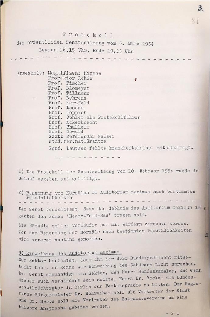 Protokoll für den Beschluss zur Namensgebung: In der Sitzung des Akademischen Senats am 3. März 1954 wird nach jahrelangen Überlegungen und Diskussionen über den Namen des Gebäudes entschieden.