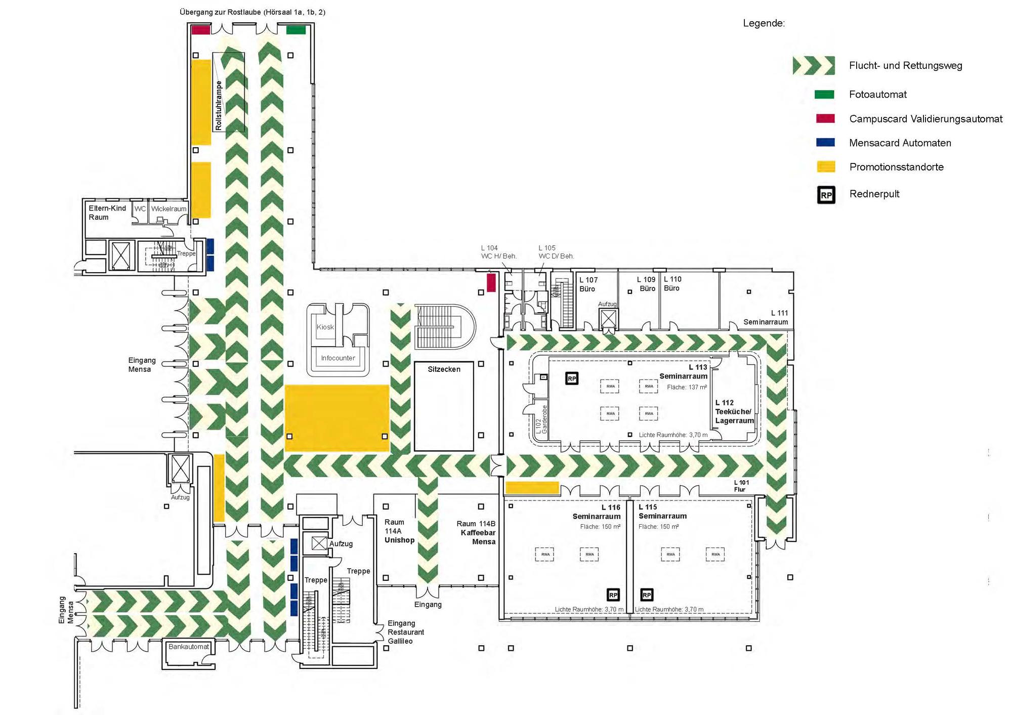 Raumplan Seminarzentrum + Mensa Foyer (mit Fluchtwegen)