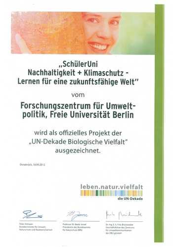 Urkunde UN-Dekade Biologische Vielfalt