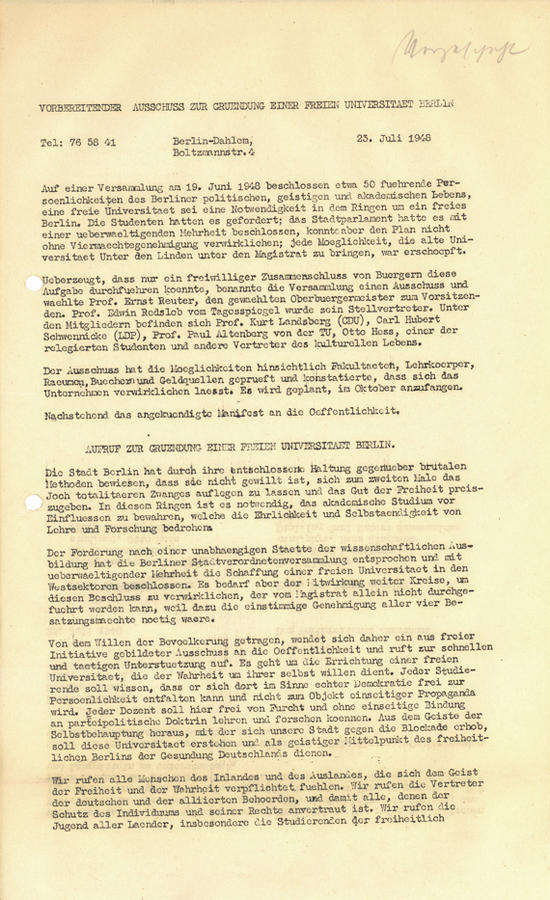Aufruf zur Gründung einer freien Universität vom 23. Juli 1948